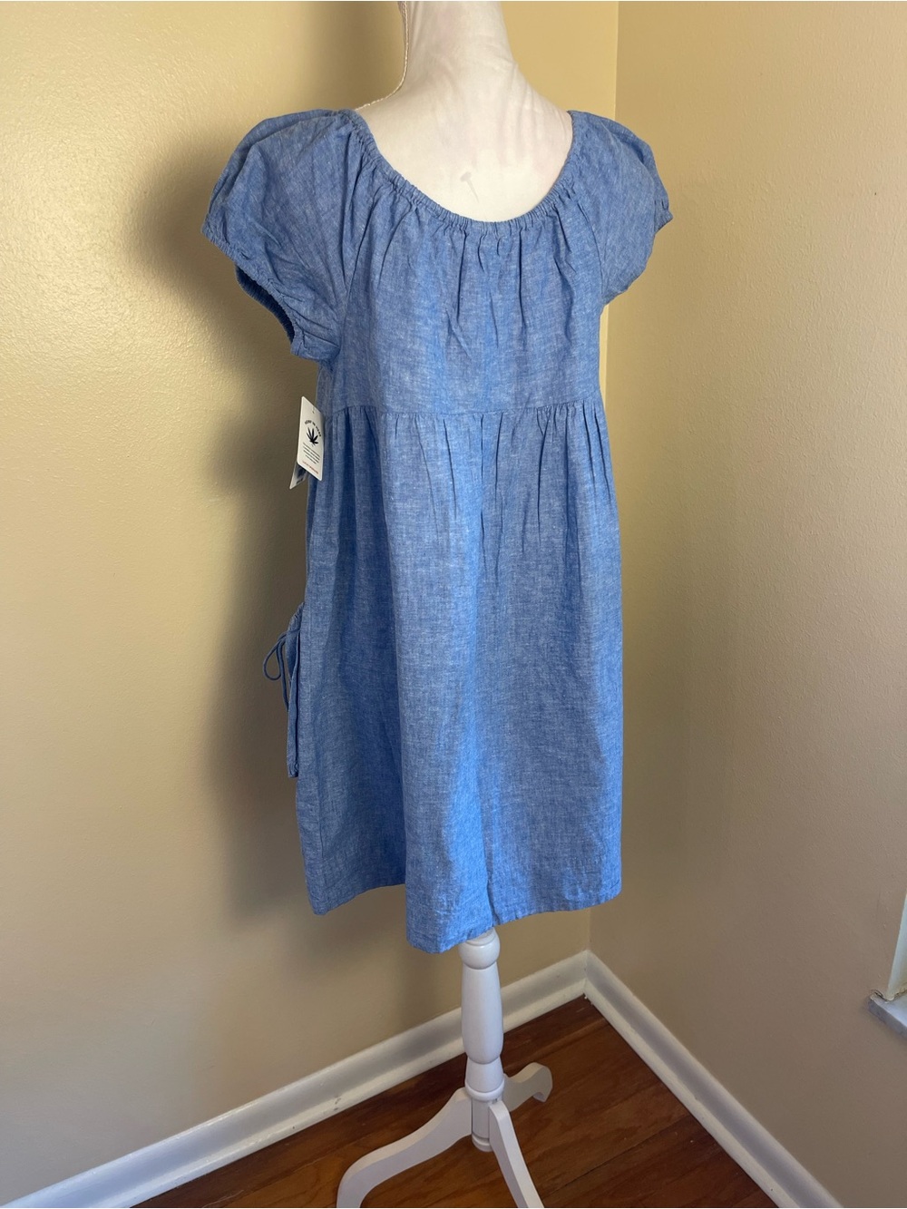 Lucky Brand Blue Casual Mini Dress Hemp Cotton Coastal Puff Sleeves Summer L NWT - Picture 8 of 14